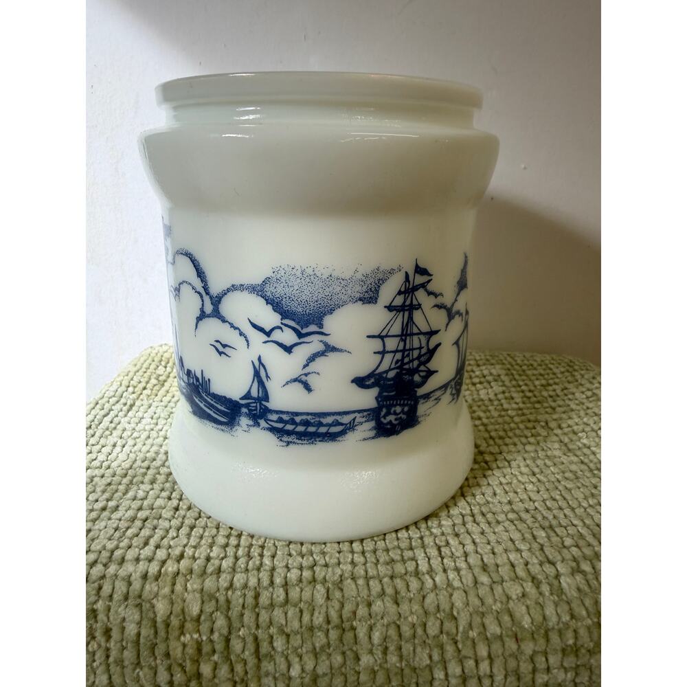 Vintage Milk Glass Utensil Holder Blue Dutch Windmill Ship Scene Vase